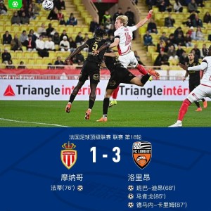 摩纳哥1-3洛里昂，法蒂破门，德马内-卡里姆传射建功
